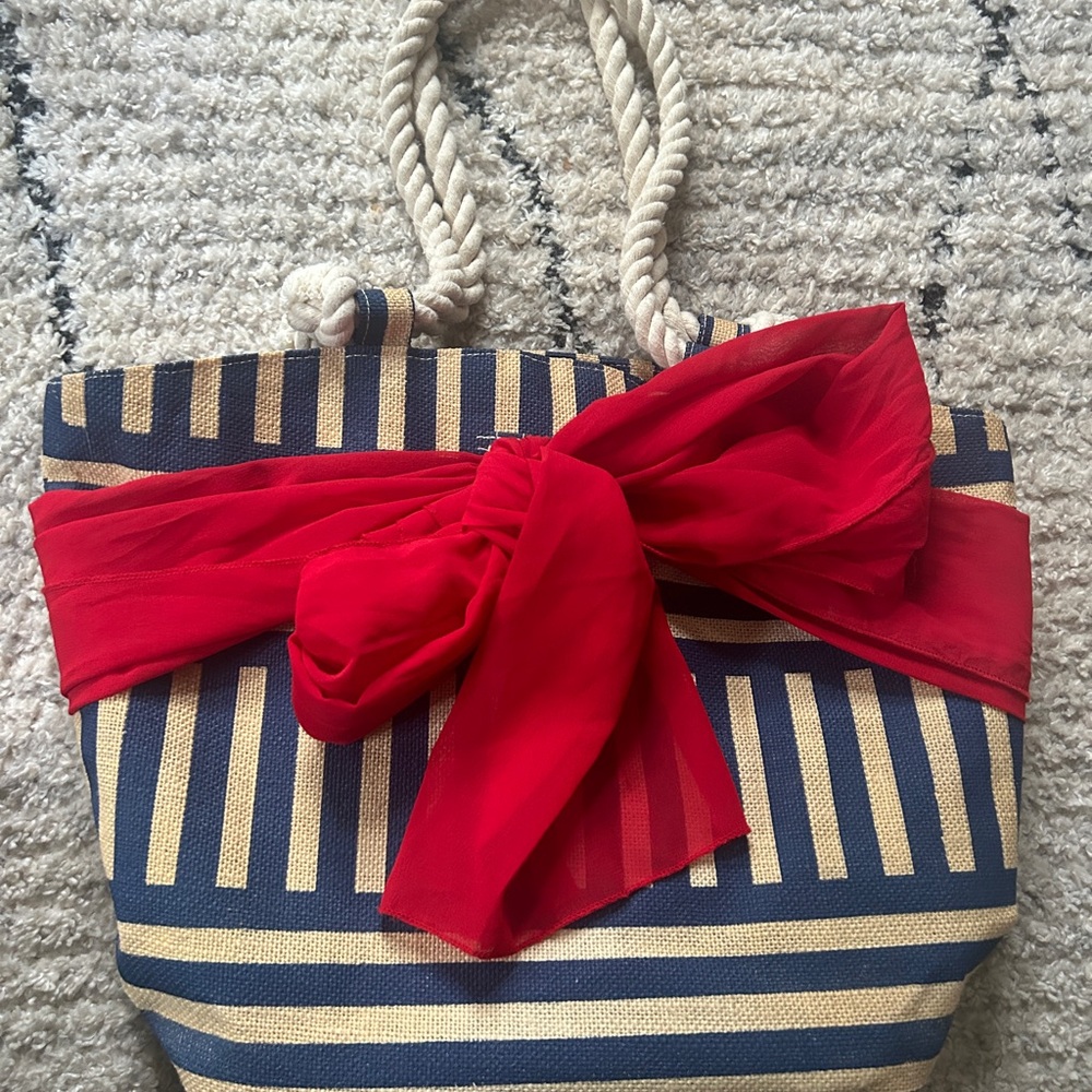 Mud Pie Jute tote bag purse travel nautical beach ropes handle blue red bow